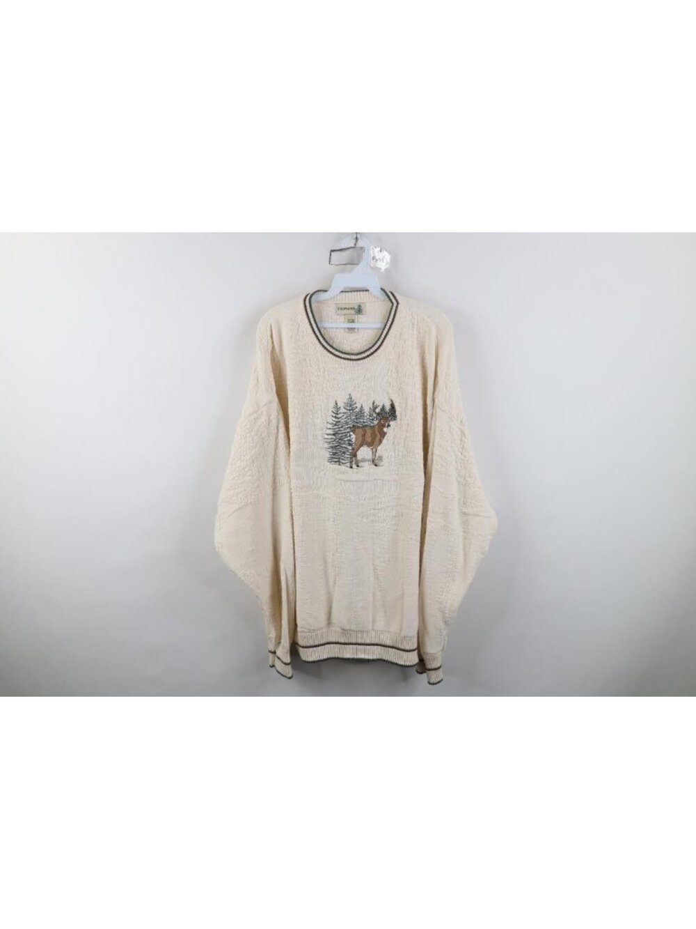 Vintage 90s Nature Deer Buck Crewneck Sweater Mens Size XL Beige Cotton Knit USA
